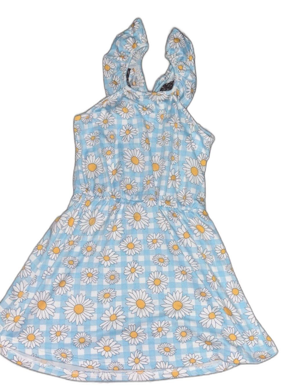Shosho Girls Blue Gingham Daisy Dress Size 5 Floral Sleeveless Twirl Dress